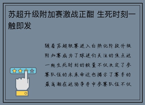苏超升级附加赛激战正酣 生死时刻一触即发 苏超升级附加赛激战正酣 生死时刻一触即发